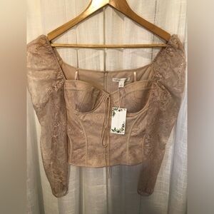 Chelsea & Violet Beige Corset Lace Puff Sleeve Top NWT Size 4